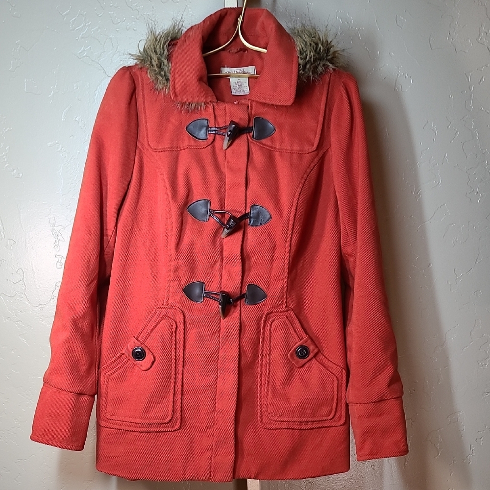 Paris Blues Women's Orange Toggle Coat with Faux Fur Hood
